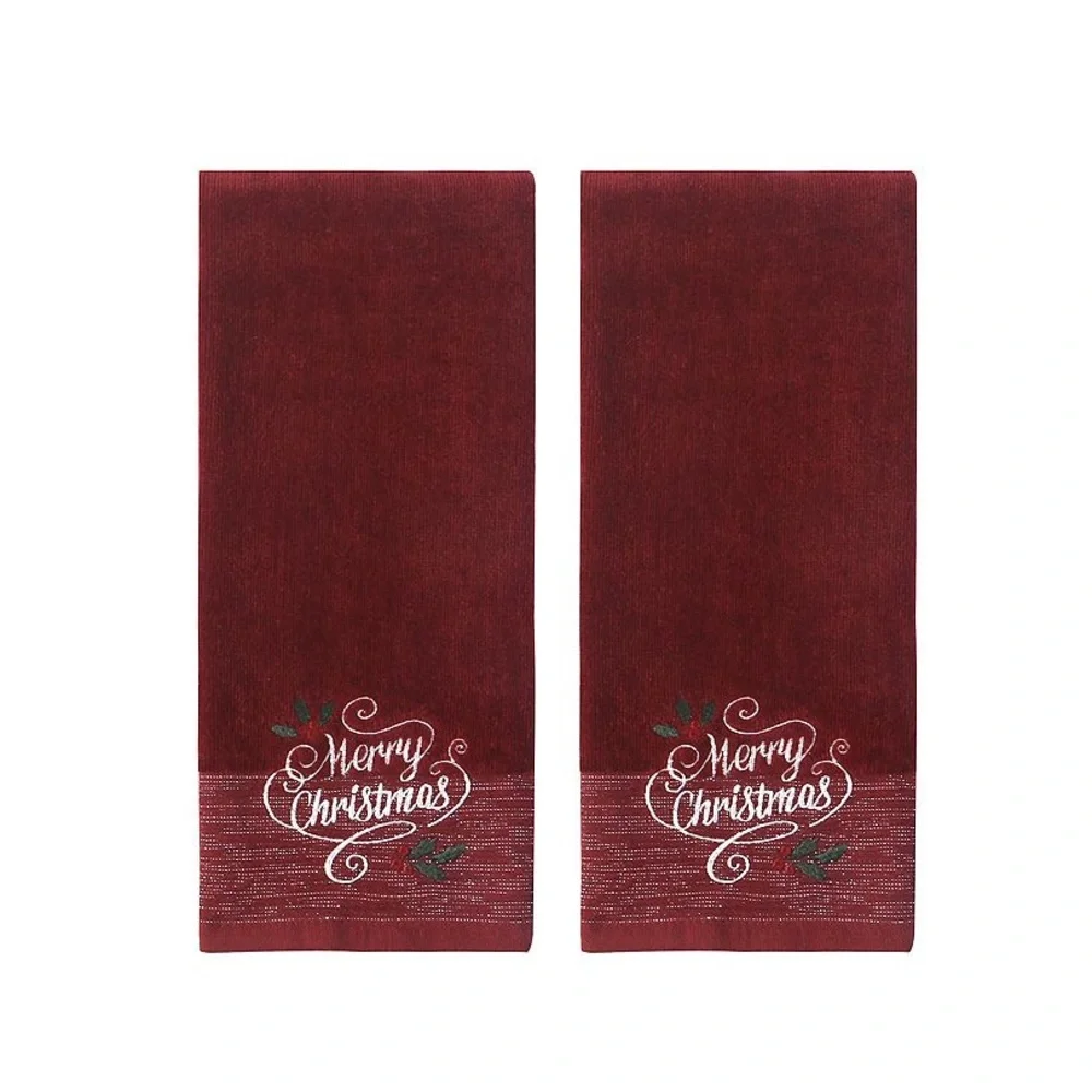Merry Christmas Embroidered Hand Towels Bath Holidays Decor-Set 2pc Brand New